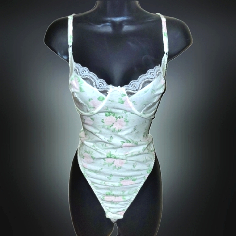 Vtg 80s floral white lace lined underwire thigh high bikini corset bodysuit L